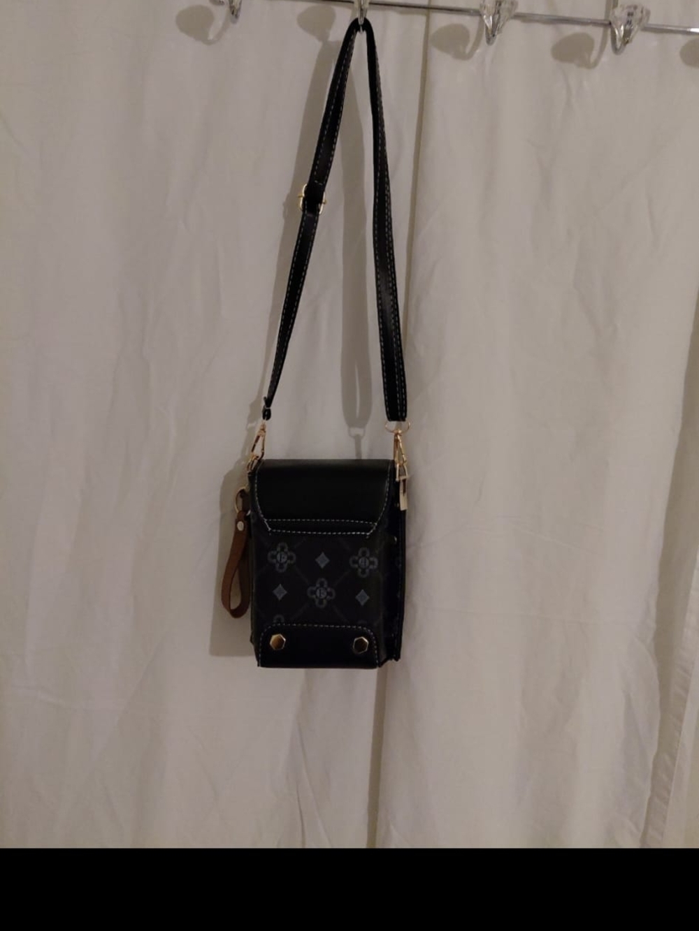 Black Crossbody Phone Bag with Patterned Front - Unbranded